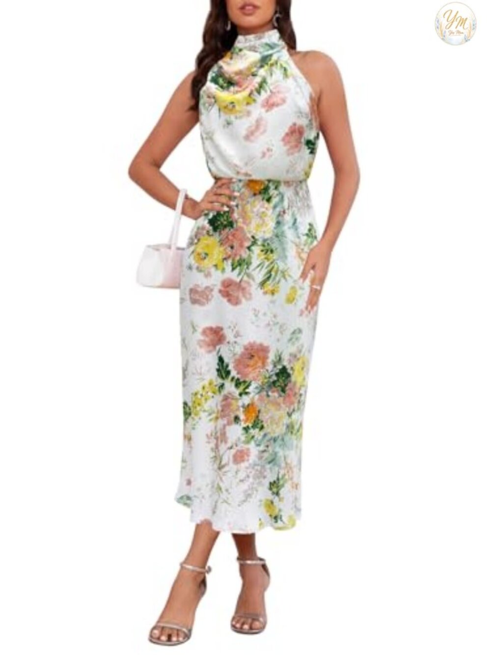Satin Floral Maxi Dress Women Sleeveless High Neck Formal